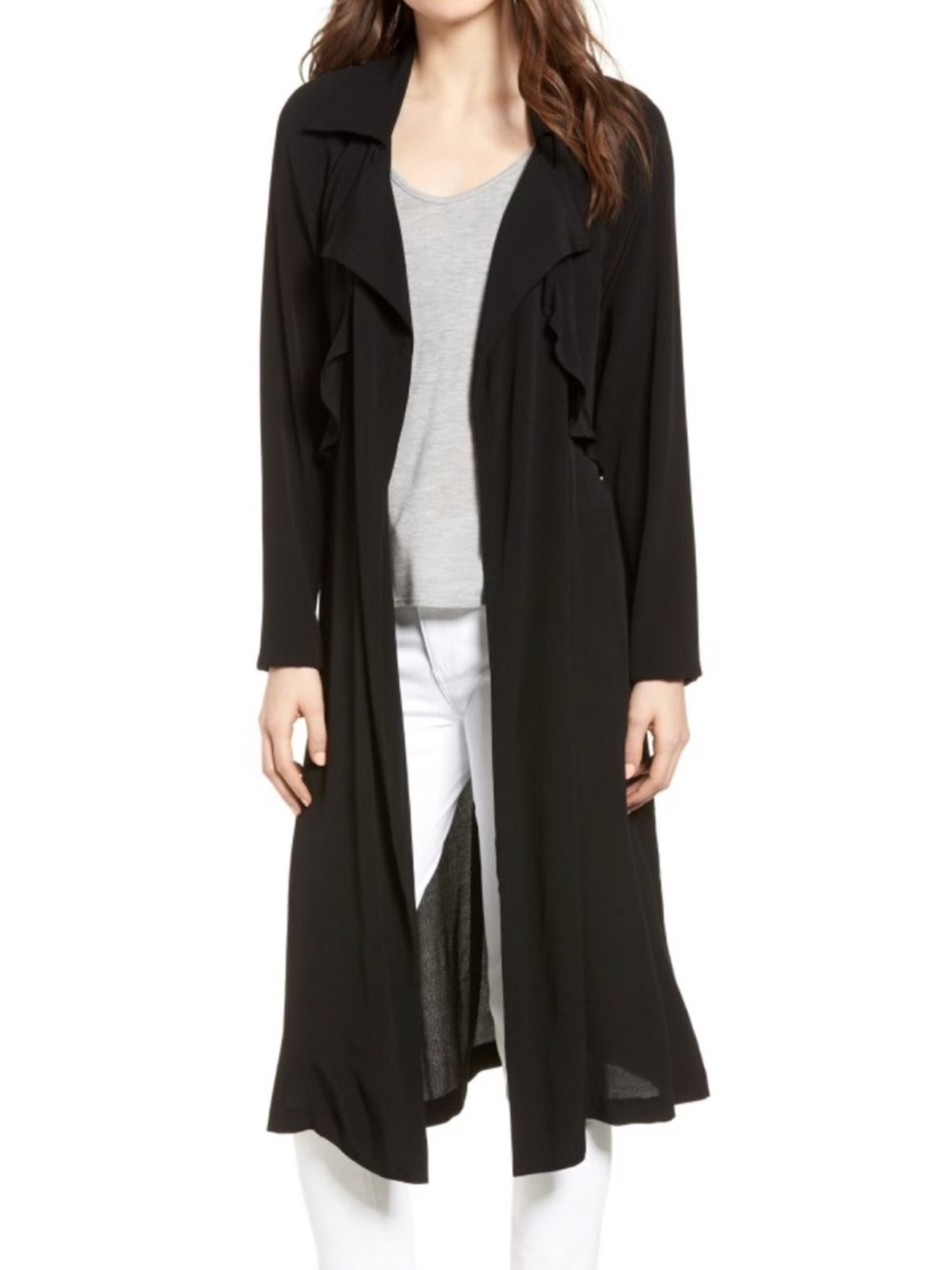 Trouvè Ruffle Drape Front Belted Duster Jacket